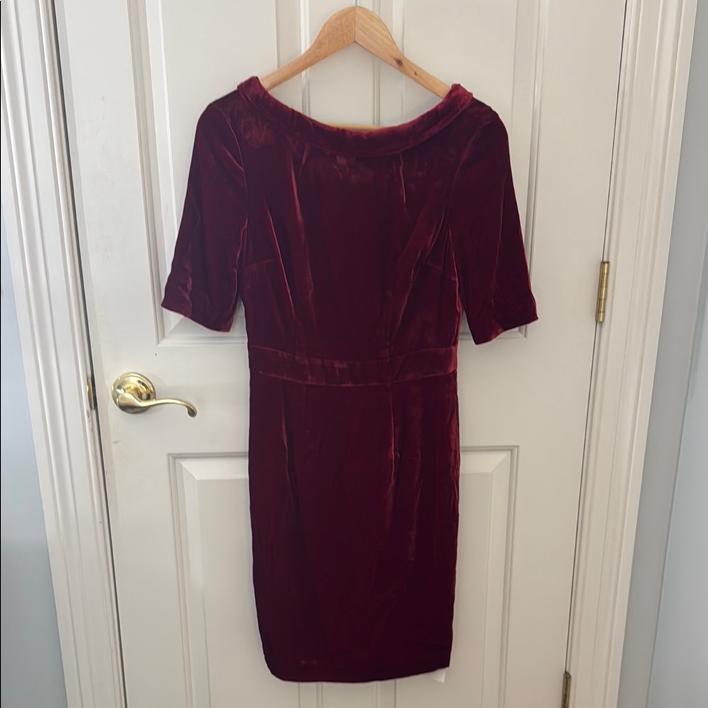 Boden Red Velvet Sheath Midi Dress with Bateau Neckline